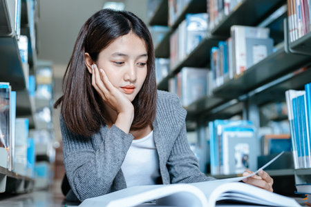 Student college opening and reading a book at library.