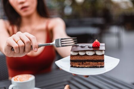 Chocolate cake with strawberry in dish. Dessert concept.の写真素材