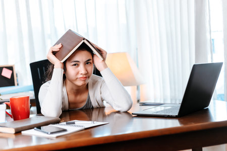 Students have headache, stress, worry about learning at home. Education concept.