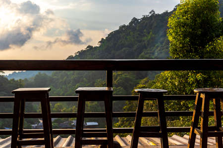 Empty tables and chairs outdoor and mountain view.の写真素材