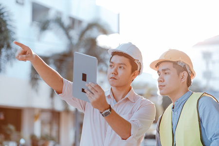 Architecture or engineerman and businessman survey and check at site construction with tablet and...