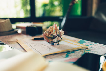 Crump paper map on calendar. Cancel and fail plan Travel, holiday, vocation and new year concept.の写真素材