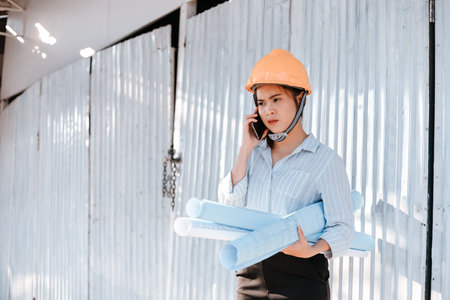 architect woman use mobile phone call with enginner or project manager between survey and checking at site construction. Architect woman hold blueprint.の写真素材