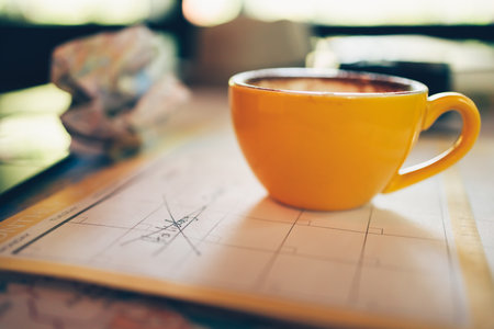 Tourist hold pen and planning vacation with calendar and map.
Travel, holiday, vocation and new year concept.の写真素材