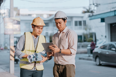 Architecture or engineerman and businessman survey and check at site construction with tablet and them wearing safety helmet in hot weather day. Architecture, engineering, business and civil concept.の写真素材