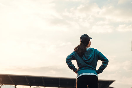 Healthy young woman stand on track race at sport stadium in the city.