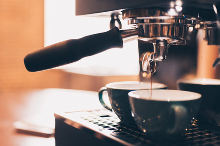 Barista cafe making coffee with coffee machine. Coffee preparation service concept.の写真素材