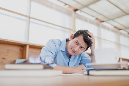 Tired businessman at workplace in office holding his headache or angry. Overworking, making mistake,...