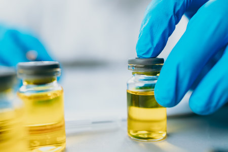 The doctor check and test vaccine in lab and wearing medical gloves, personal protective equipment...