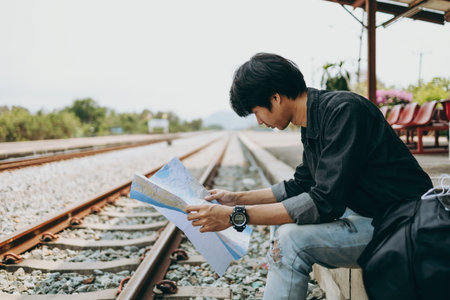 Young asian man backpack check map and search location for travel while waiting train at train station. Travel, Holiday, summer and vocation concept.の写真素材