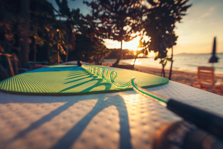 close up Surfboard on the beach at sunset.