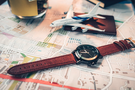 watch, money wallet, passport, airplane model, camera on road map. Object for travel concept.の写真素材