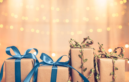 gift box, present on the table and light of bokeh background. Valentine's Day, Christmas, Birth day,...