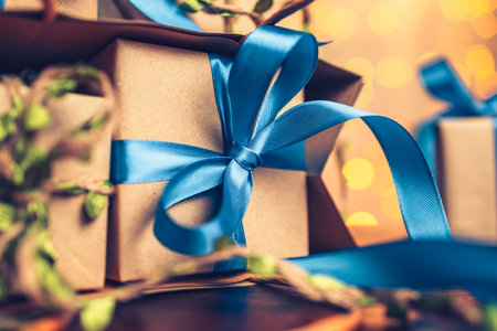 gift box, present on the table and light of bokeh background. Valentine's Day, Christmas, Birth day, New year and Anniversary concept.の写真素材