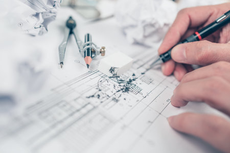 eraser crumbs and compass on drawing design working on bueprint. House planning design and...