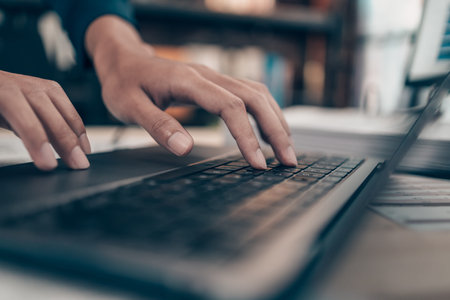Investors working on desk office and use computer keyboard and laptop  to check data cost, balance,...