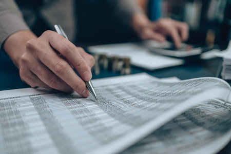 Investors working on desk office and using a pan and pointing to check tracking cost, balance, profit and  currency. Accounting and  Financial concept.の写真素材