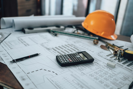 Calculator, triangle ruler, safety glasses, compass, vernier caliper on Blueprint. Engineer,...