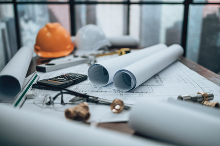 Rolls of paper layout factory, industry on engineering drawings. Calculator, triangle ruler, safety...