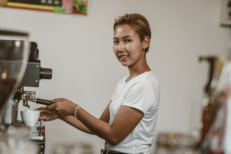 espresso machine in coffee shop counter offering freshly brewed coffee. coffee maker concept.の写真素材