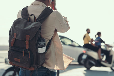 tourists are carrying bags. Backpacker and travel concept.の写真素材