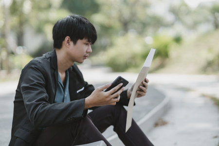 Employees fired or resigned from the company are using their mobile phones to find a jobs.
Unemployed, hiring job, quitting job concept.の写真素材