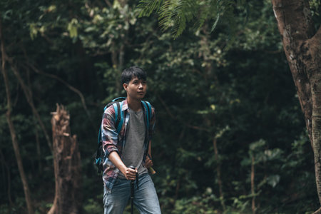 Hikers use trekking pole with backpacks and hold tent bag walking through the forest. hiking and adventure concept.の写真素材