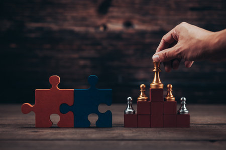 wook jigsaw side chess piece on cube wood for ideas, challenge, leadership, strategy, business, success or abstract.の写真素材