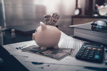 Piggy bank and money bill, coin for saving money. Calculator, pen, business graph and folder in workplace. Business and finance concept,の写真素材