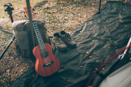 Camping equipment, bags, shoes, ukulele, tripod beside the tent in the morning. Object camp, Travel and vocation concept.の写真素材
