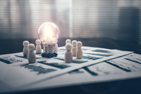 light bulb represents good idea center of The wooden doll represents the employee of the company on financial, budget or asset document in workplace. Security, save,  Corporation, Enterprise concept.の写真素材