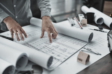 Architect engineer read drawing design working on blueprint. House planning design and construction...