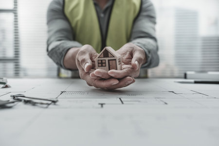 Architect engineer hands hold and protect mini house model on blueprint.  Sell, Protect House, cost planning design and construction concept.の写真素材