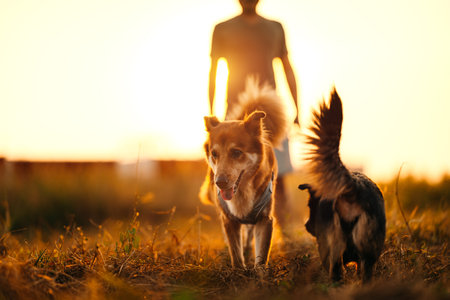dog happy walks on the meadow with its owner during sunset. Pet and family concept.の写真素材