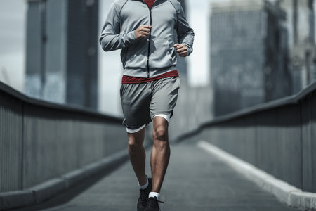 A man running up on footbridge in the city center park for cardio workout.  Health and Lifestyle in...