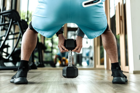 A man doing squat exercises with dumbbell at gym. Fitness, workout and training concept.の写真素材