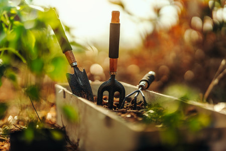 Hand shovels, rakes, hand shovels placed in long pots filled with soil, waiting to be planted.の写真素材