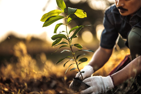 A gardener is planting a mango tree in the garden.の写真素材