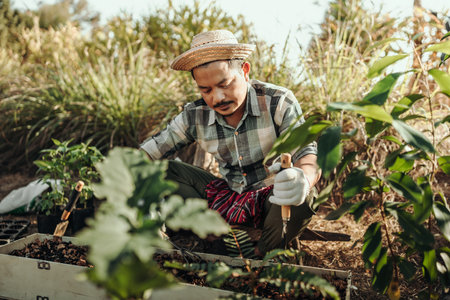 Famer use rakes to spread soil in long pots before planting vegetables.の写真素材