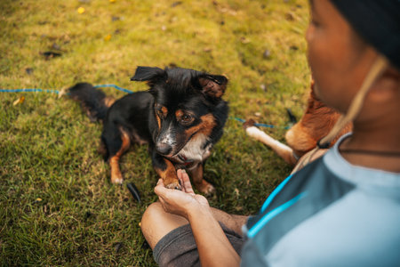 A man playing with a dog together on  grass. Pet, Family, Friendship concept.の写真素材
