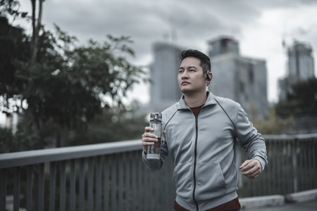 A man holding a water bottle and running up on footbridge in the city center park for cardio workout.  Health and Lifestyle in big city life concept.の写真素材