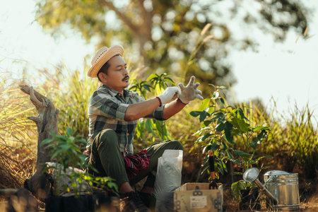 Gardener putting on gloves before planting.の写真素材