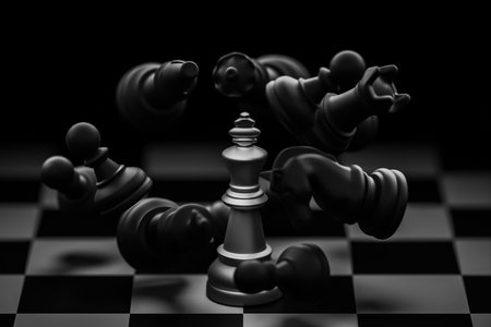 The black chess pieces floating around the white chess king are like winning, losing, fighting, competing.の写真素材