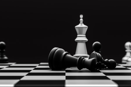 The black chess pieces falling around the white chess king are synonymous with victory, planning, leadership.の写真素材
