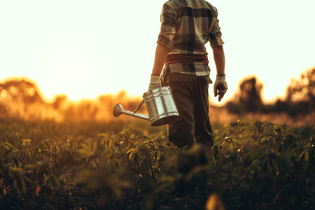 A farmer holds a watering can in the middle of a cassava field at sunset.の写真素材