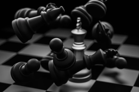 The black chess pieces floating around the white chess king are like winning, losing, fighting, competing.の写真素材