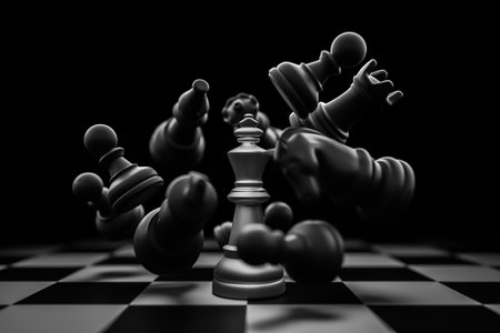 The black chess pieces floating around the white chess king are like winning, losing, fighting, competing.の写真素材