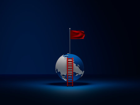 The globe and flag represent the words victory, number one, peak, success, effort.の写真素材