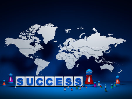 "Success" Word and doll model are placed in front of world map. Dolls represent companies or employees of each country.の写真素材