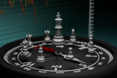 The chess pieces float above the compass and have a stock graph in the background, representing an organization with good leaders that has achieved success.の写真素材